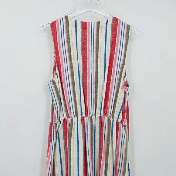 Old Navy Size Medium Linen Blend Sleeveless Striped Midi Dress Pockets - Picture 11 of 12